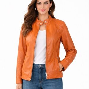 Jessica London Pumpkin Orange  Silver Zip Leather Jacket Sz 14